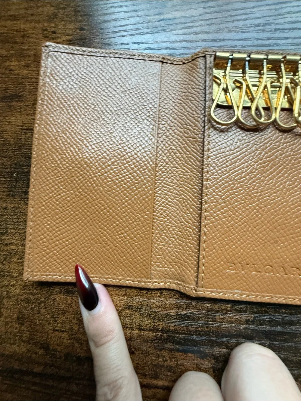 Bvlgari Tan Pebbled Leather Wallet with Gold Logo Medallion